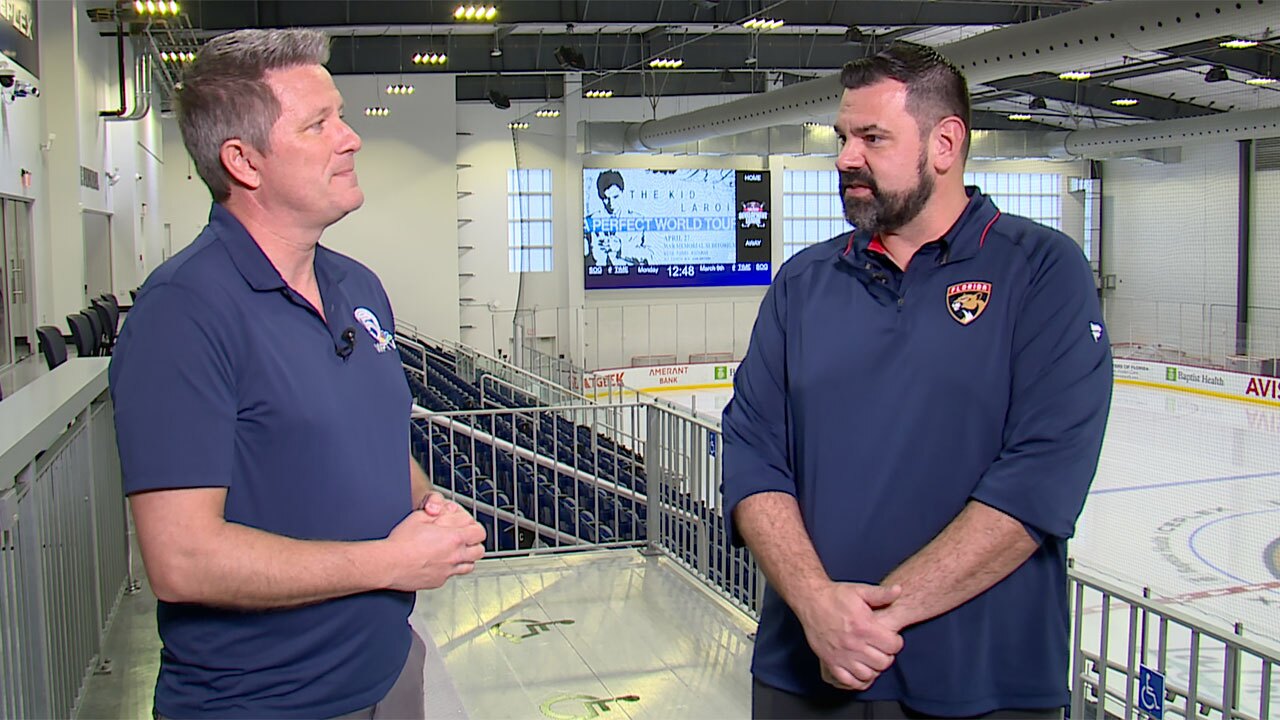 WPTV anchor Mike Trim talks to Florida Panthers equipment manager Teddy Richards on March 9, 2026.
