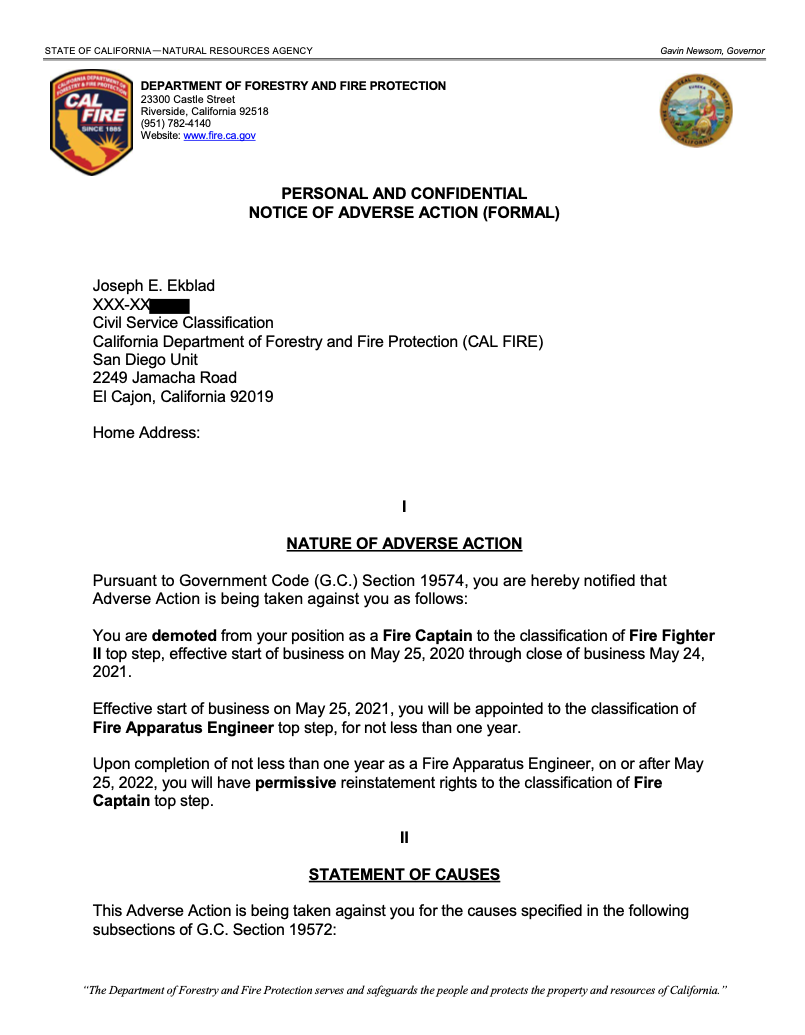 NOTICE OF ADVERSE ACTION (JOSEPH E. EKBLAD)