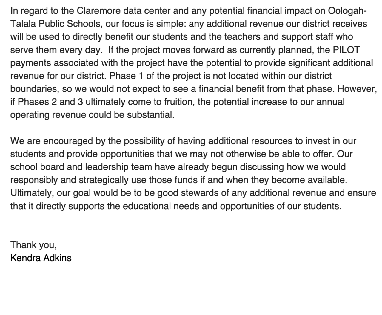 Oologah-Talala Public Schools Statement