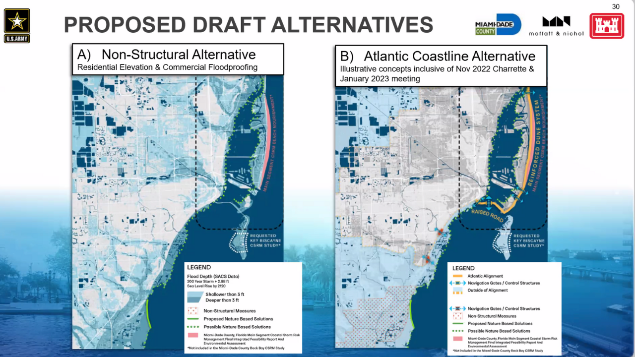 The two proposals being considered to prevent storm surges in Biscayne Bay