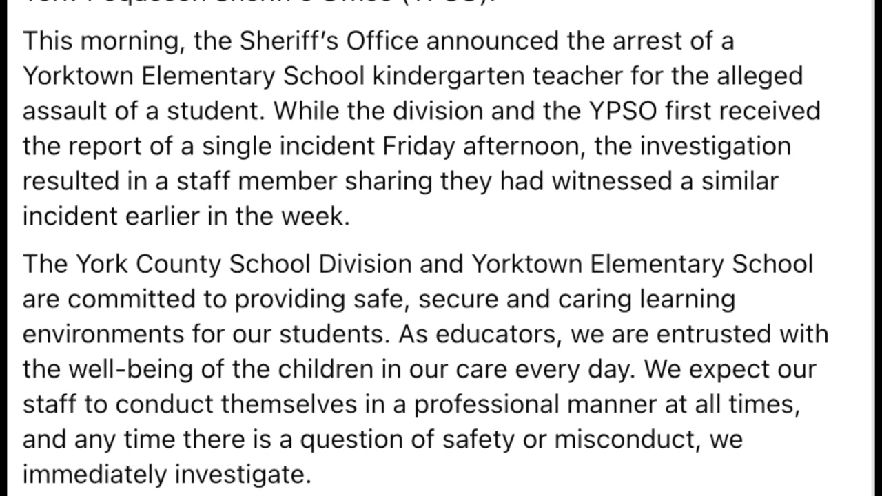 Yorktown Elem. teacher accused of assaulting student multiple times