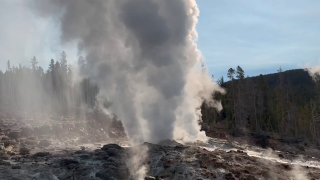 Steamboat Geyser erupts in Yellowstone National Park on Oct. 7, 2024.