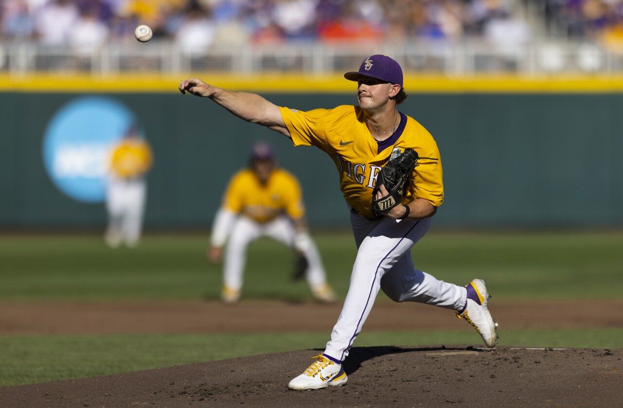 LSU pitcher Ty Floyd throws against Florida Gators in opening game of College World Series championship series, June 24, 2023