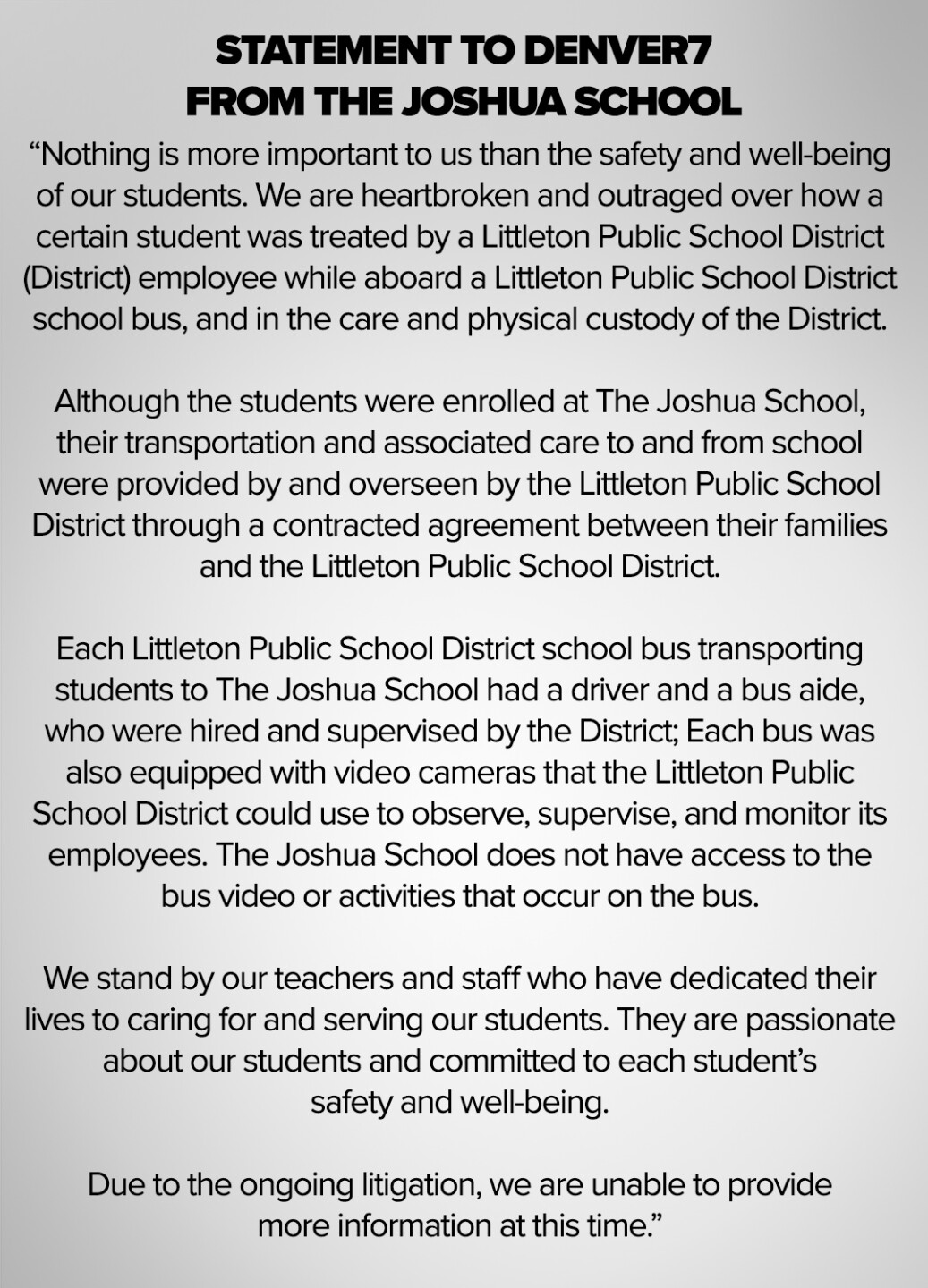 JOSHUA SCHOOL STATEMENT ON LAWSUIT