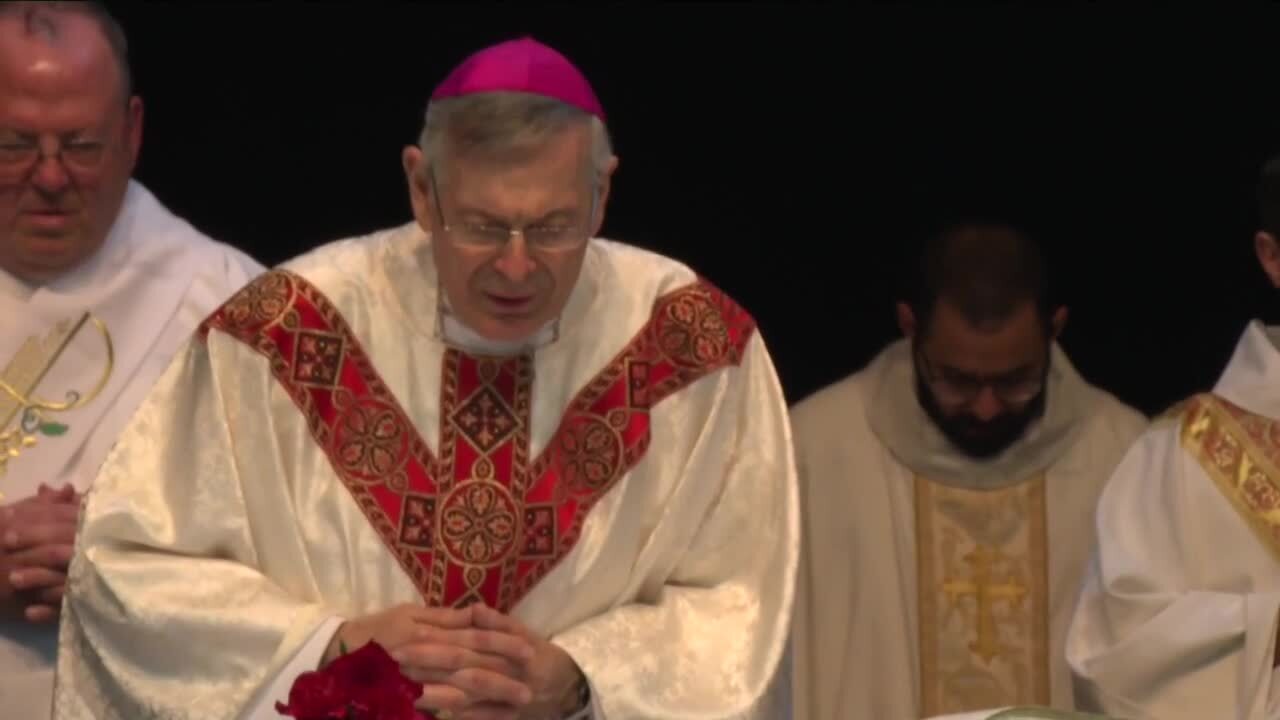 Bishop Gerald Barbarito leads prayer at 100-year celebration of St. Ann Catholic School, Jan. 25, 2023