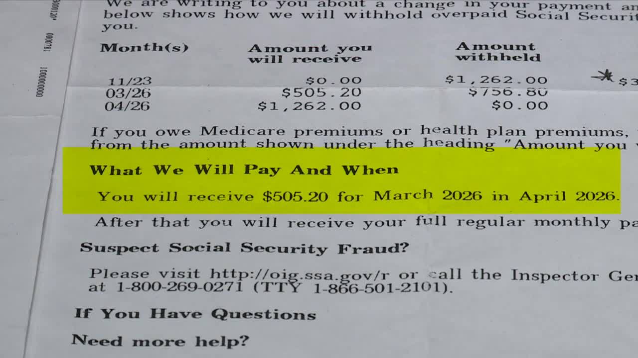 Highlighted portion of letter from Social Security Administration to Gloria and Antonio Castro stating when they'll be paid again, December 2023