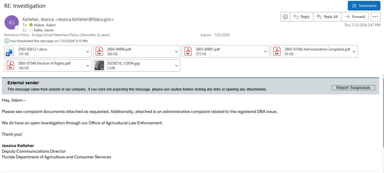 Email confirming investigation