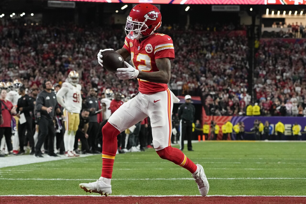 Kansas City Chiefs receiver Mecole Hardman Jr. scores TD vs. San Francisco 49ers in OT of Super Bowl LVIII, Feb. 11, 2024