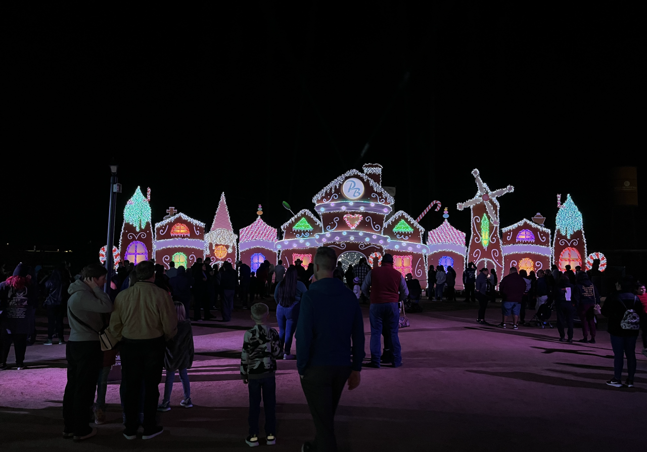 The lights to the ‘life-sized’ gingerbread house are synchronized to well-known Christmas songs.