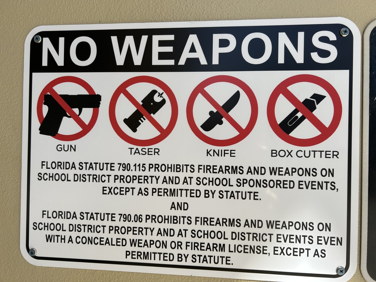 A sign showing prohibited items, including stun guns, at Atlantic Community High School in Delray Beach on Oct. 16, 2023.jpg