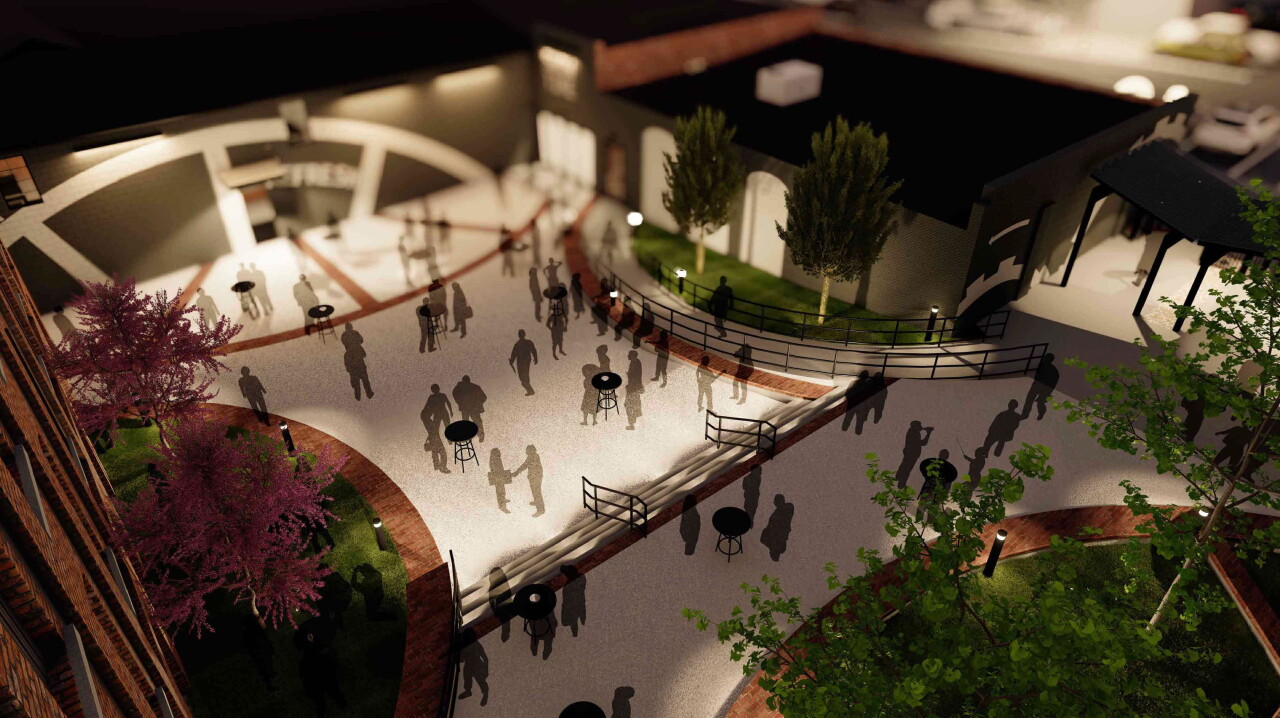 A rendering of the Globe Iron project shows a large courtyard.