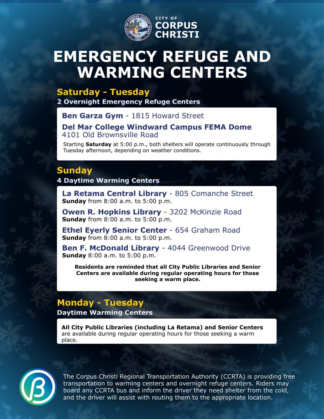 City of Corpus Christi Warming Centers flyer