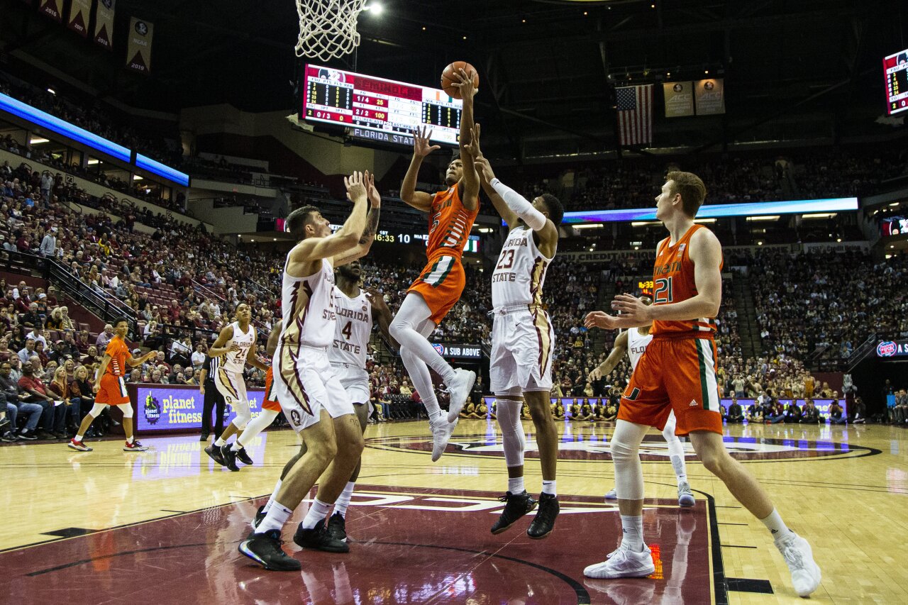 Miami Hurricanes guard Harlond Beverly takes shot against Florida State Seminoles, Feb. 8, 2020