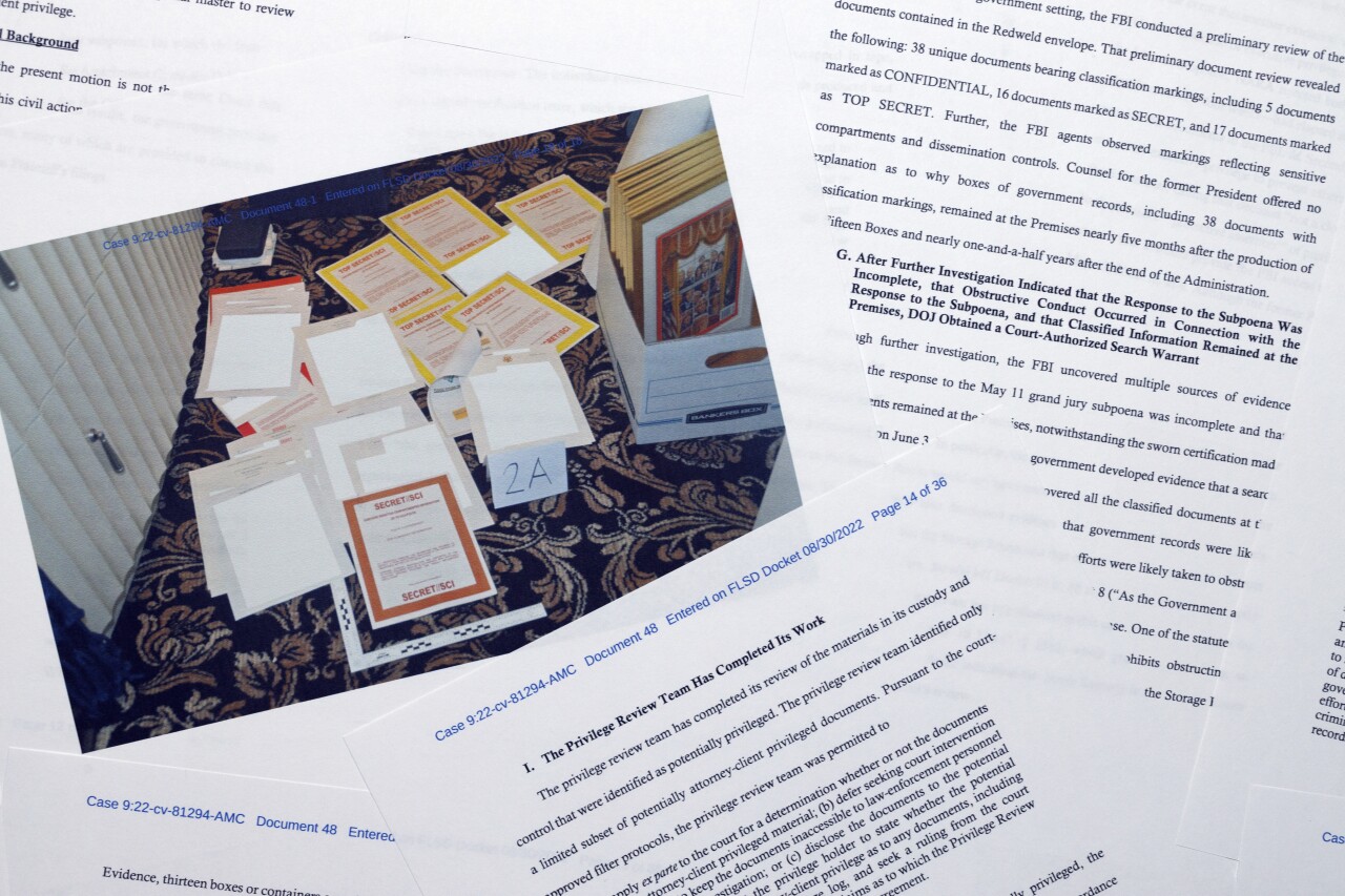 Pages from Department of Justice court filing about classified documents at Mar-a-Lago