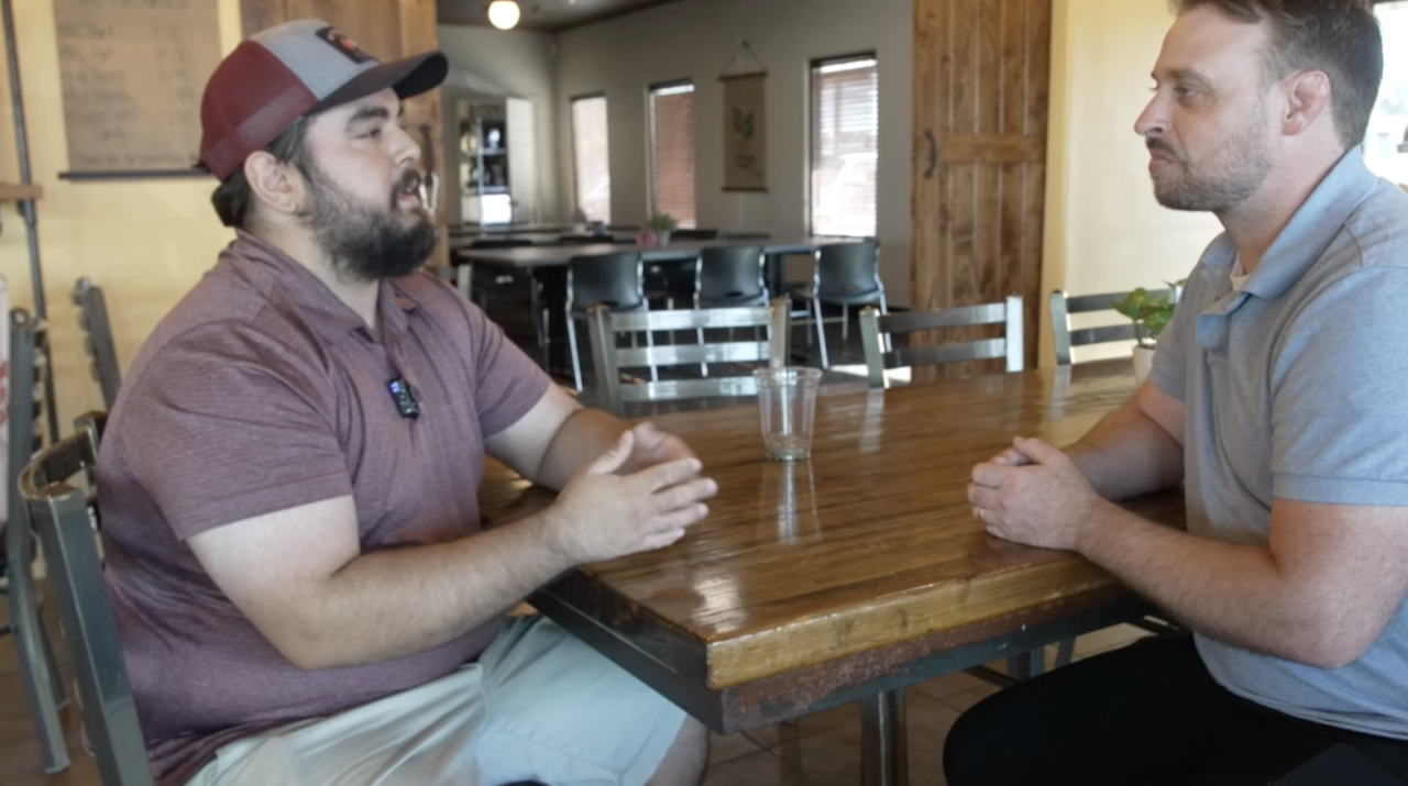 Bakersfield Neighborhood Reporter Riley Nagel interviewing Jason Hensley, manager of Bakersfield Roasting Company