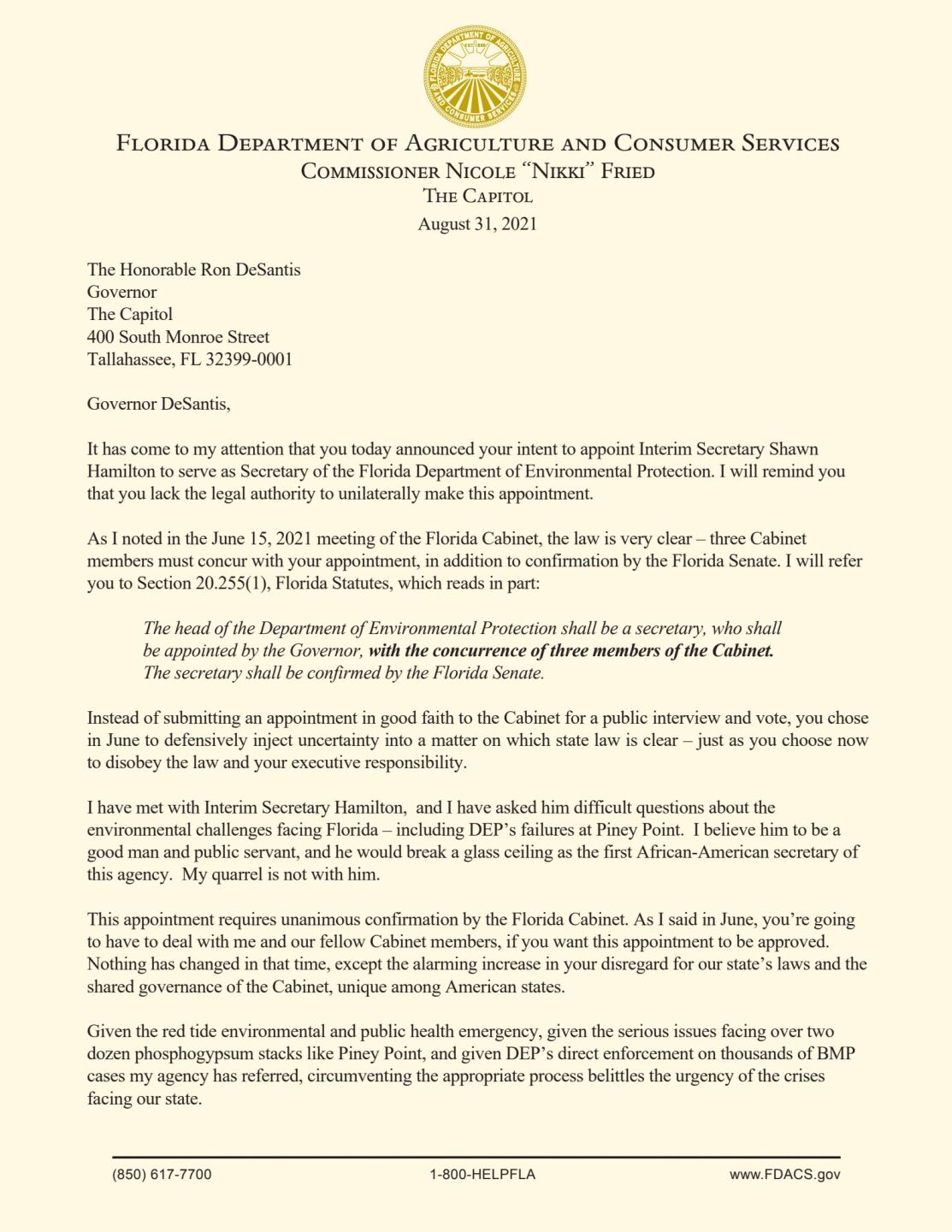 Nikki Fried letter to Ron DeSantis, page one, Aug. 31, 2021