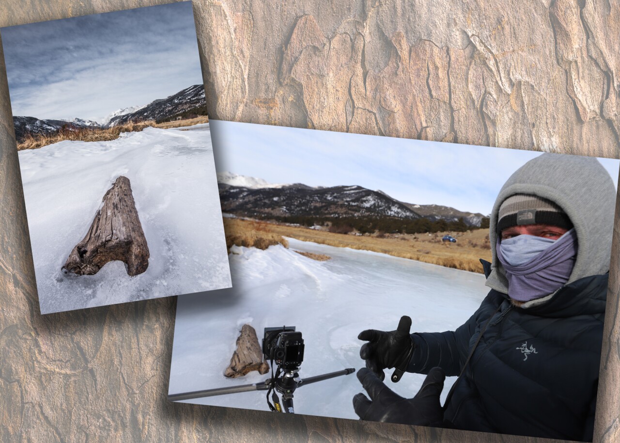 Scott Wilson taking picture of log in frozen river.jpg