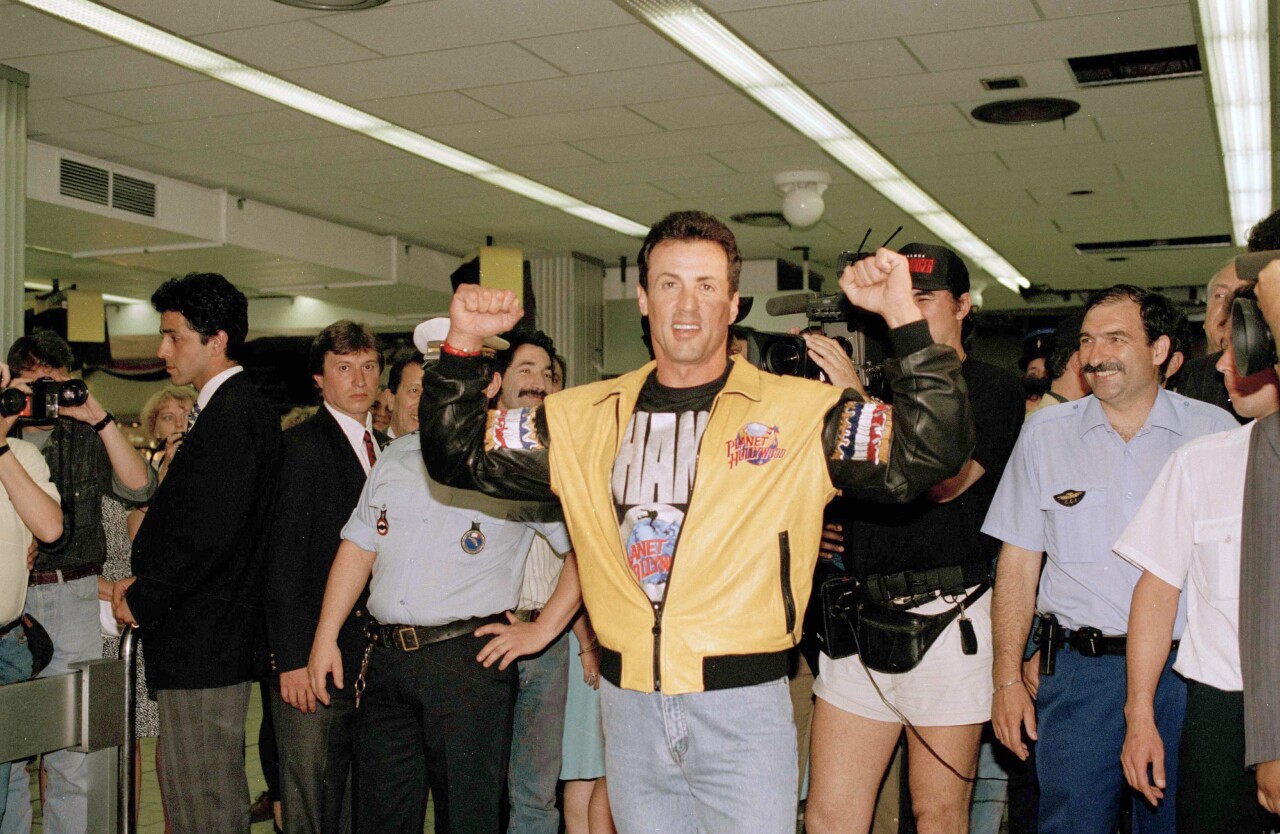 Sylvester Stallone arrives at airport for 1993 premiere of 'Cliffhanger' at Cannes Film Festival