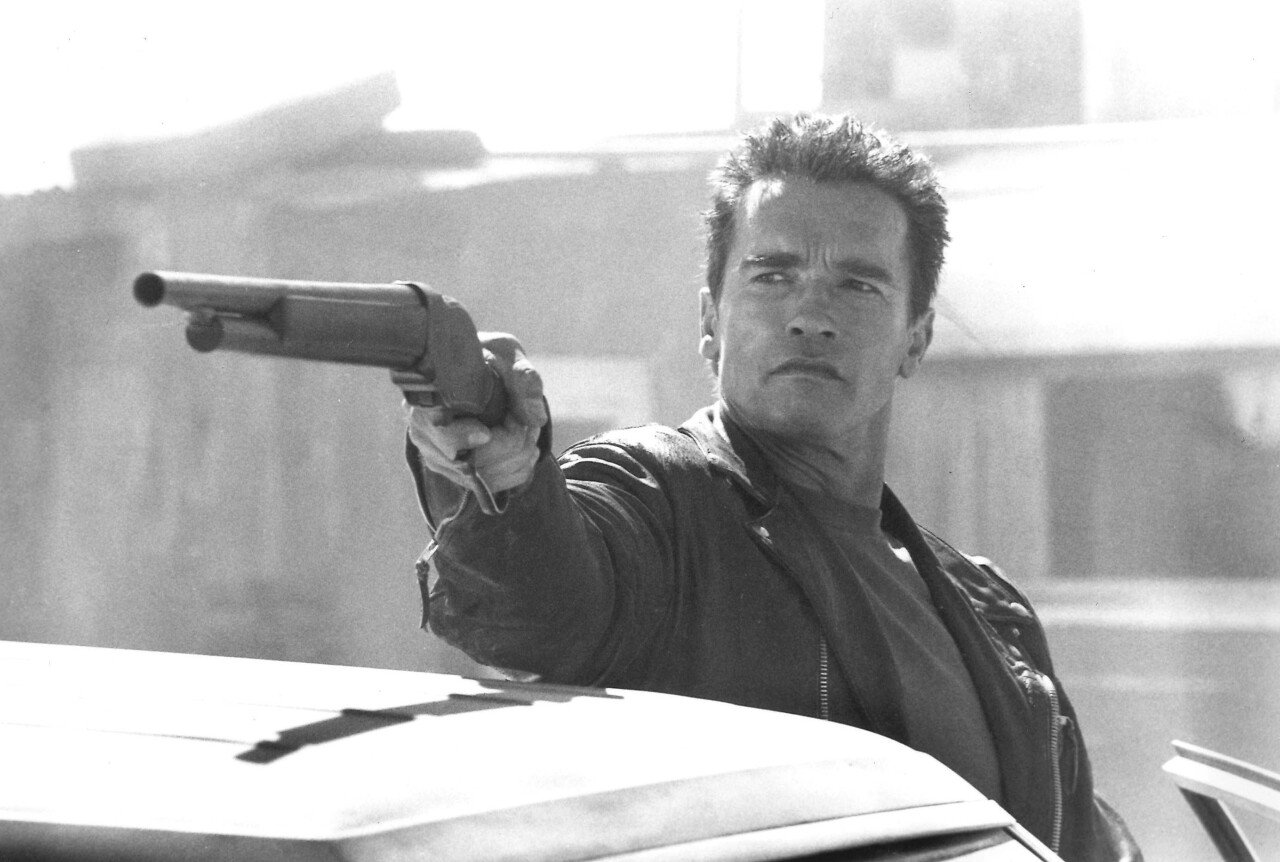 Arnold Schwarzenegger in black and white photo from 'Terminator 2: Judgment Day'