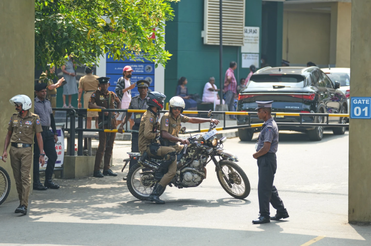 Motorcycle mounted policemen patrol at the National Hospital where rescued Iranian sailors from the IRIS Dena warship by the Sri Lankan Navy are receiving treatment, in Galle, Sri Lanka, Thursday, March 5, 2026.