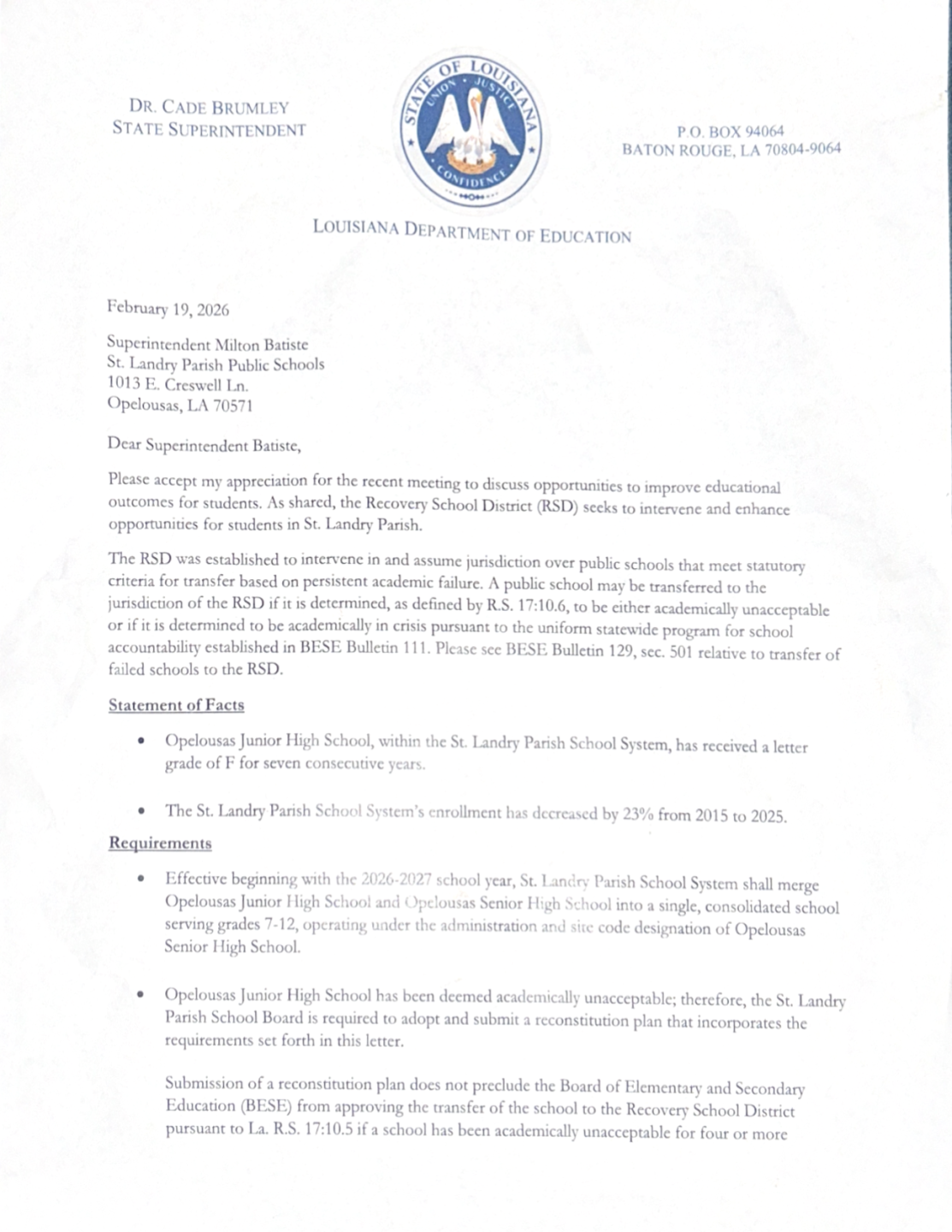 Letter from the Louisiana Department of Education