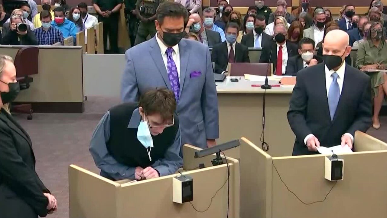 Nikolas Cruz reads statement in Broward County courtroom expressing remorse in the shootings at Marjory Stoneman Douglas High School.