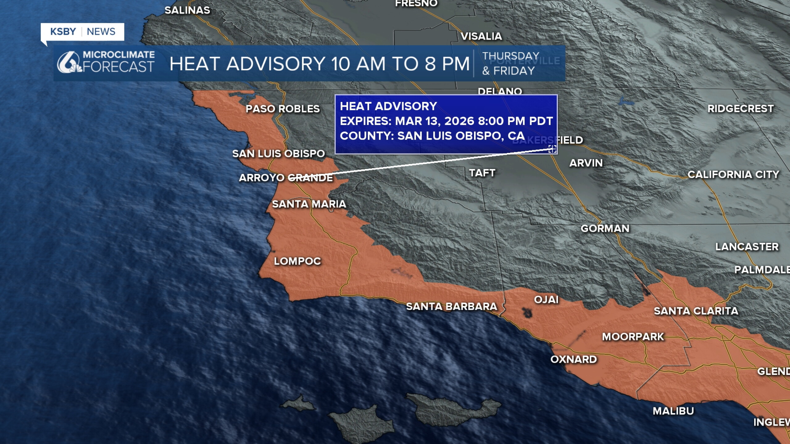 A Heat Advisory begins at 10 am on Thursday and continues until 8 pm Friday
