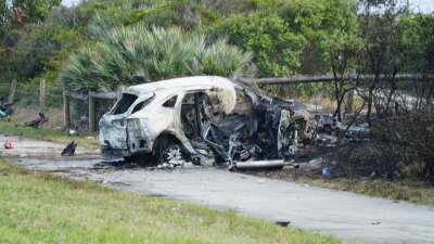 The Ford Escape caught fire after colliding with a Land Rover SUV and a BMW X5 SUV near Jonathan Dickson State Park in Martin County on May 24, 2026.