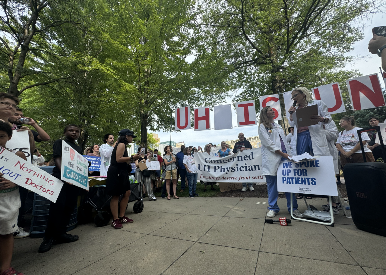 Dr. Valerie Fouts-Fowler and Dr. Beene speak to a crowd of hundreds outside of University Hospitals Main Campus in Cleveland on Wednesday. News 5 Cleveland photo.