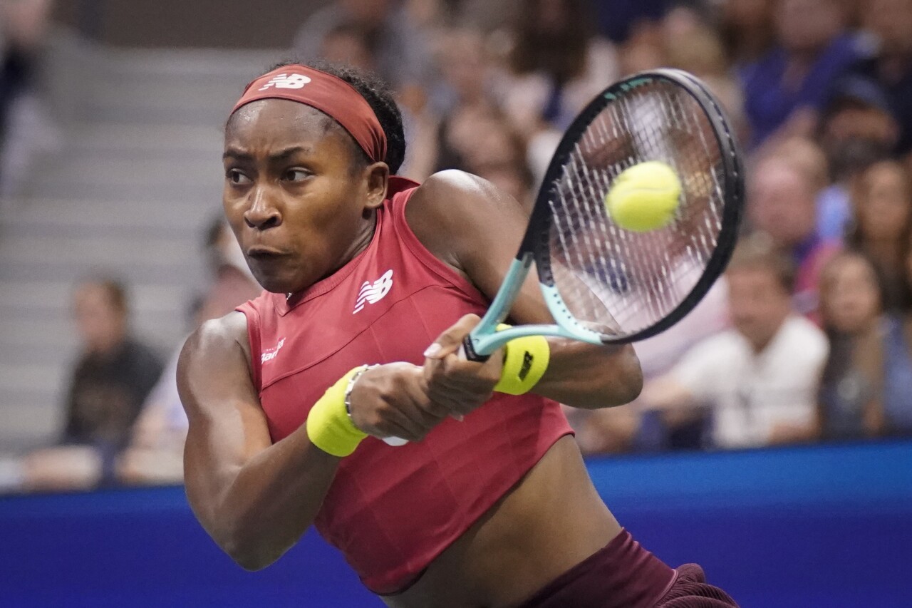 Coco Gauff returns a shot to Aryna Sabalenka during women's singles final of U.S. Open, Sept. 9, 2023