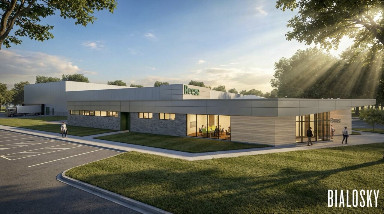 A rendering shows the proposed Reese Consumer Health facility off Woodland Avenue. The lowest section is the offices. The middle section is production and packaging space. The tallest section in the back is for storage and distribution.