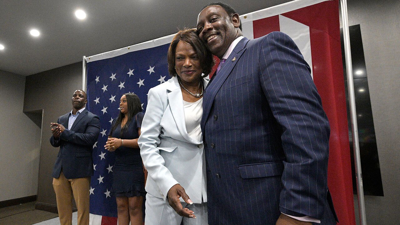 Rep. Val Demings, D-Fla., the Democratic candidate for the U.S. Senate, receives a hug from her husband, Orange County Mayor Jerry Demings, right, after thanking supporters during a primary election party on Aug. 23, 2022, in Orlando, Fla.