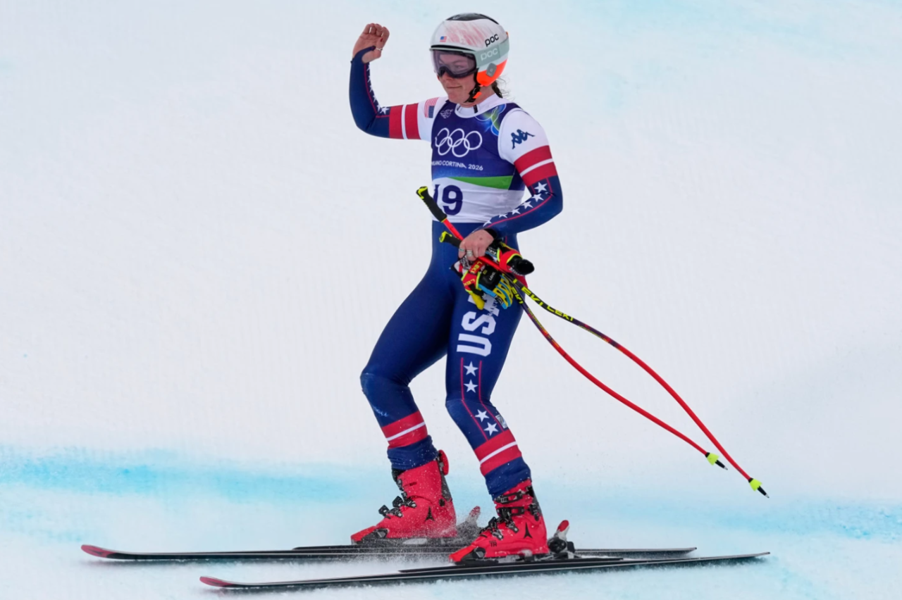 United States' Breezy Johnson at the finish area, during an alpine ski, women's super-G race, at the 2026 Winter Olympics, in Cortina d'Ampezzo, Italy, Thursday, Feb. 12, 2026.
