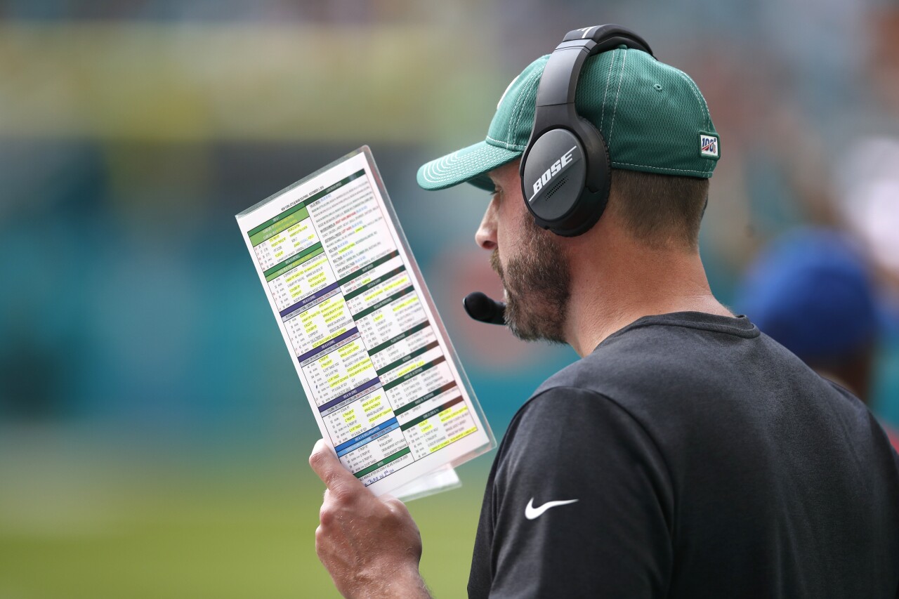 New York Jets head coach Adam Gase during game against Miami Dolphins at Hard Rock Stadium in 2019