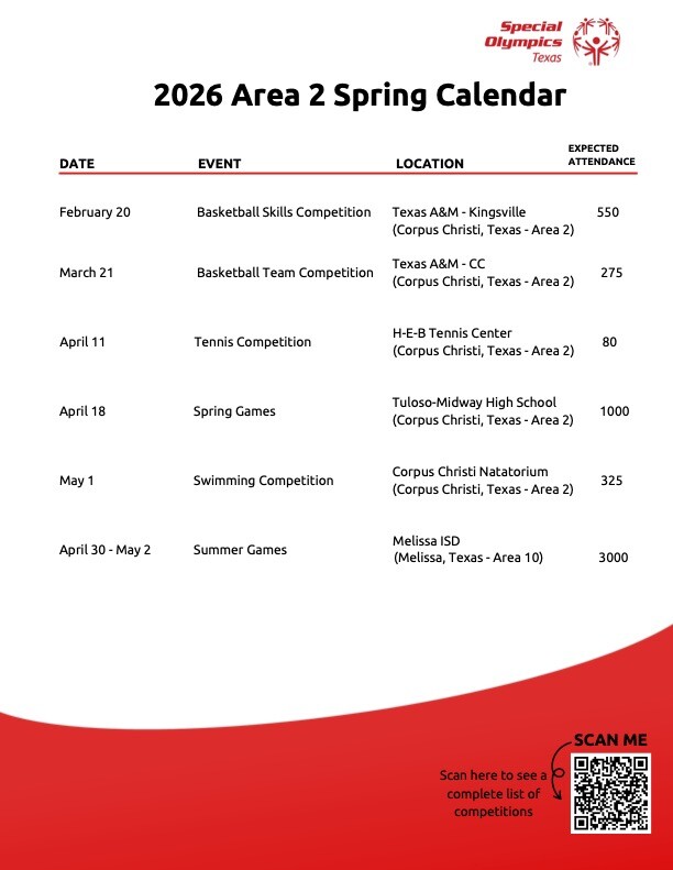 Special Olympics Texas Area 2 Spring Calendar 2026