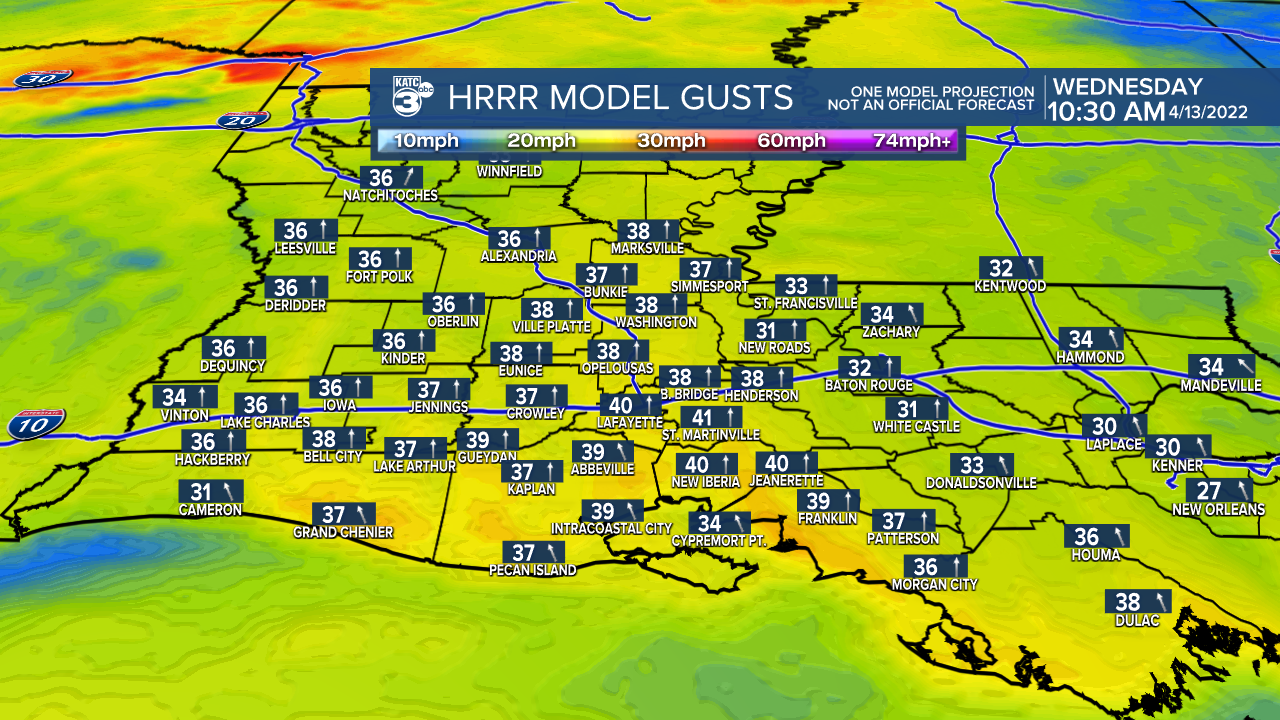 Acadiana Wind Gust Extended HRRR.png