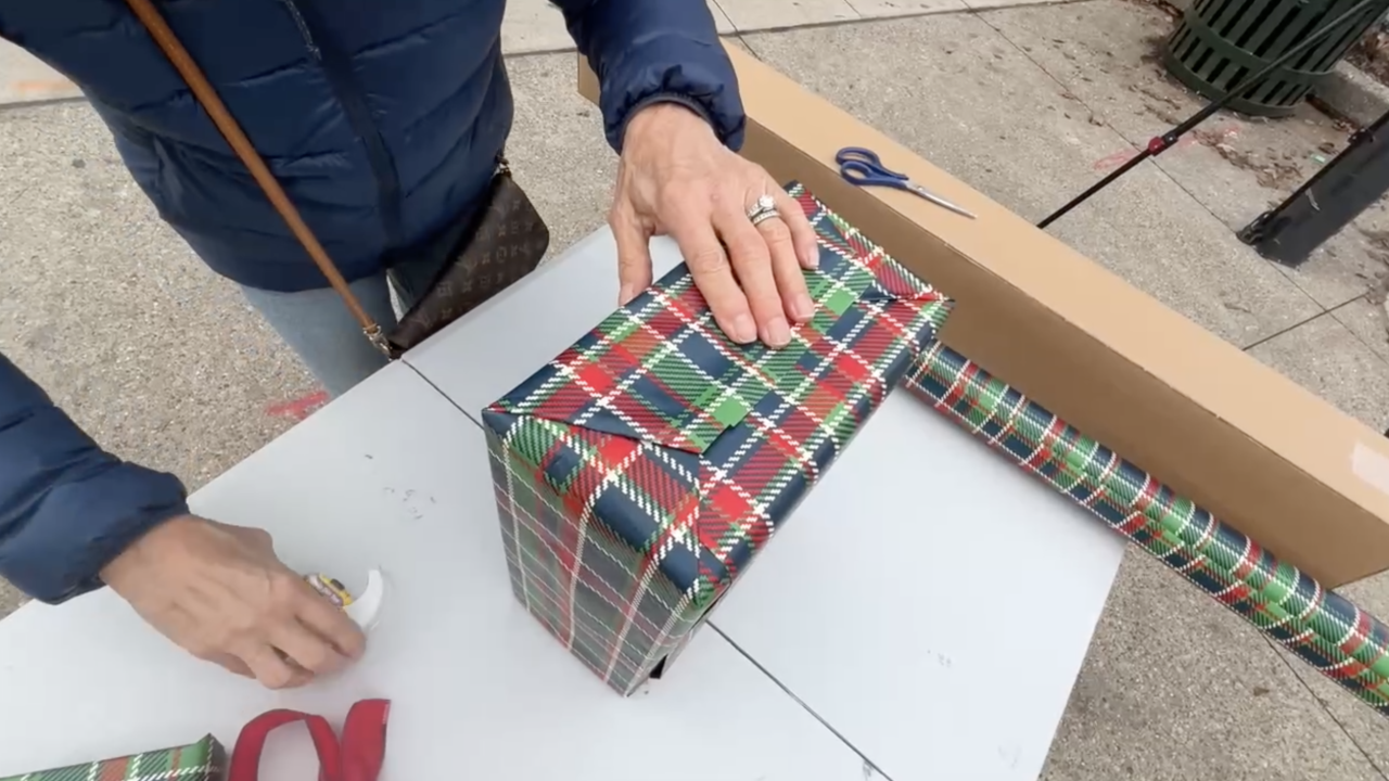 Person wrapping a holiday gift.