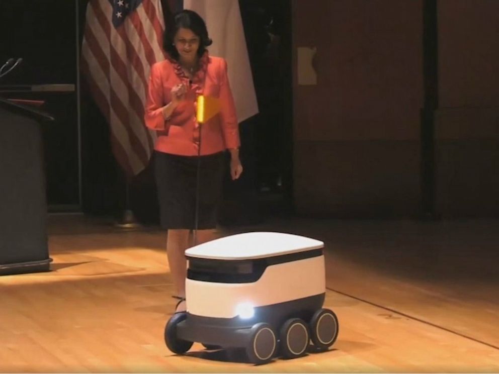 University of Houston President Renu Khator demonstrates an autonomous food delivery robot during her annual fall address, Sept. 2, 2019. University of Houston via KTRK