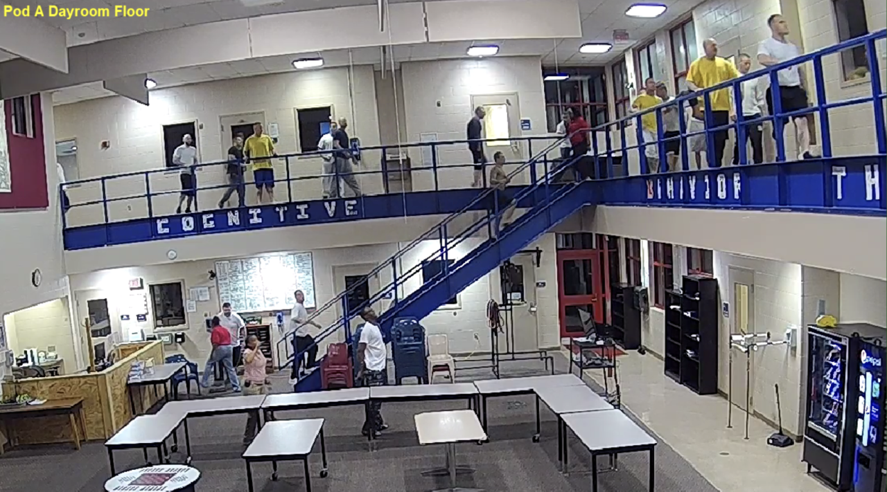 Surveillance video recorded a series of confrontations between inmates at the River City Correctional Center on June 17