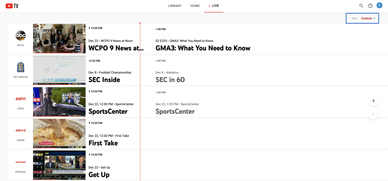 YouTube TV Custom Live Guide