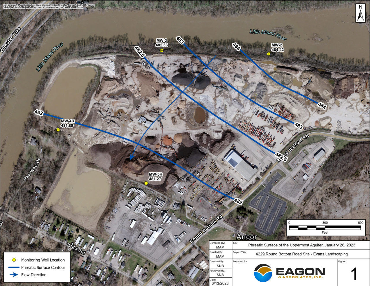 Map of groundwater monitoring wells at Evans Landscaping on Round Bottom Road.