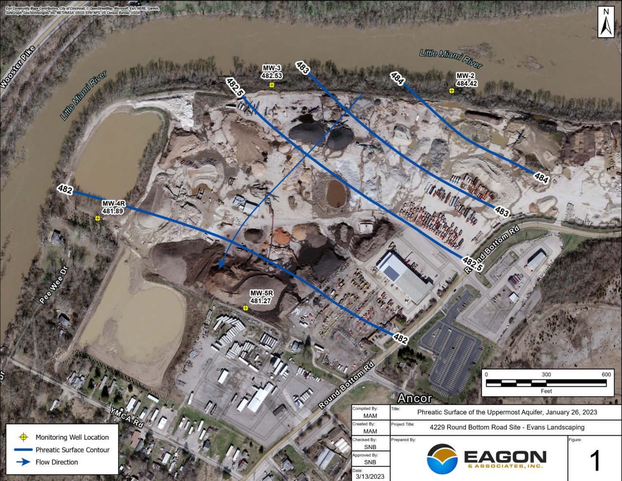 Map of groundwater monitoring wells at Evans Landscaping on Round Bottom Road. 