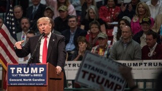 Republican presidential candidate Donald Trump addresses the crowd at a campaign rally March 7, 2016 in Concord, North Caroli