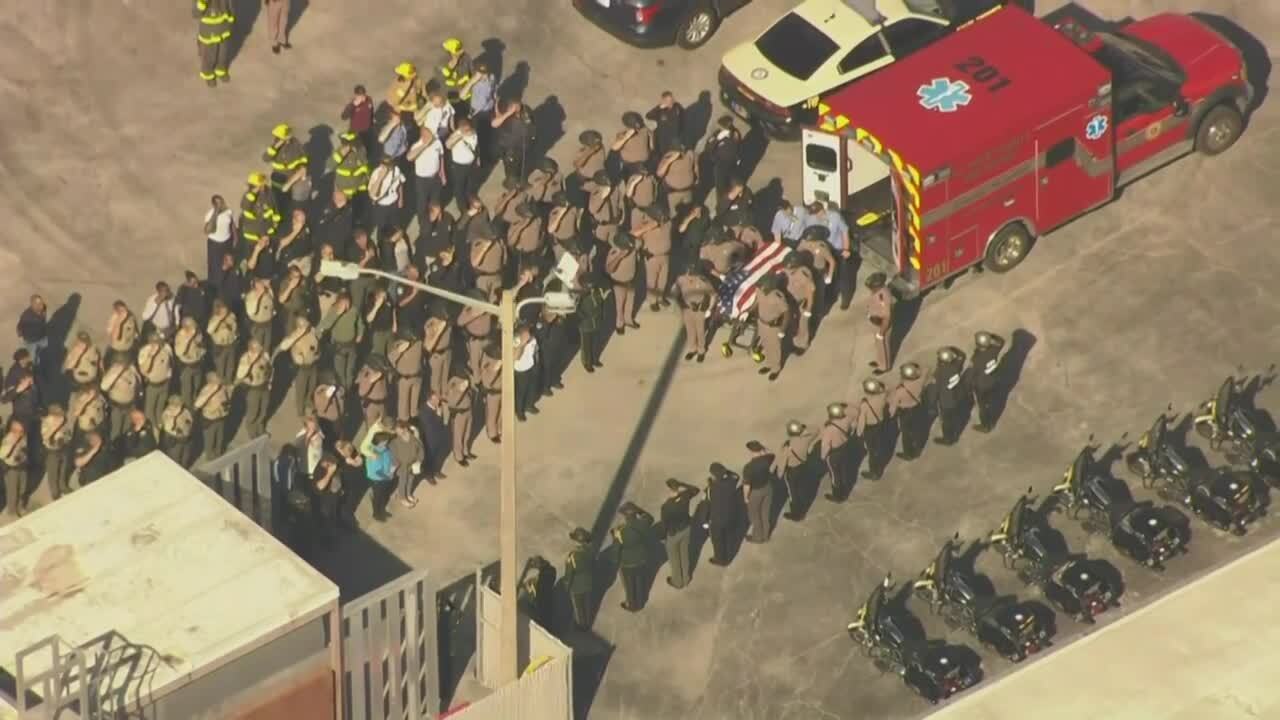 Chopper 5 view of troopers carrying casket of Trooper Zachary Fink, Feb. 4, 2024