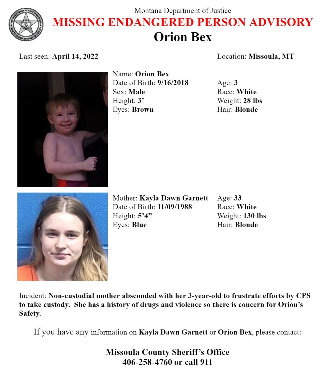 Missing-Endangered Person Advisory (MEPA) three-year old Orion Bex