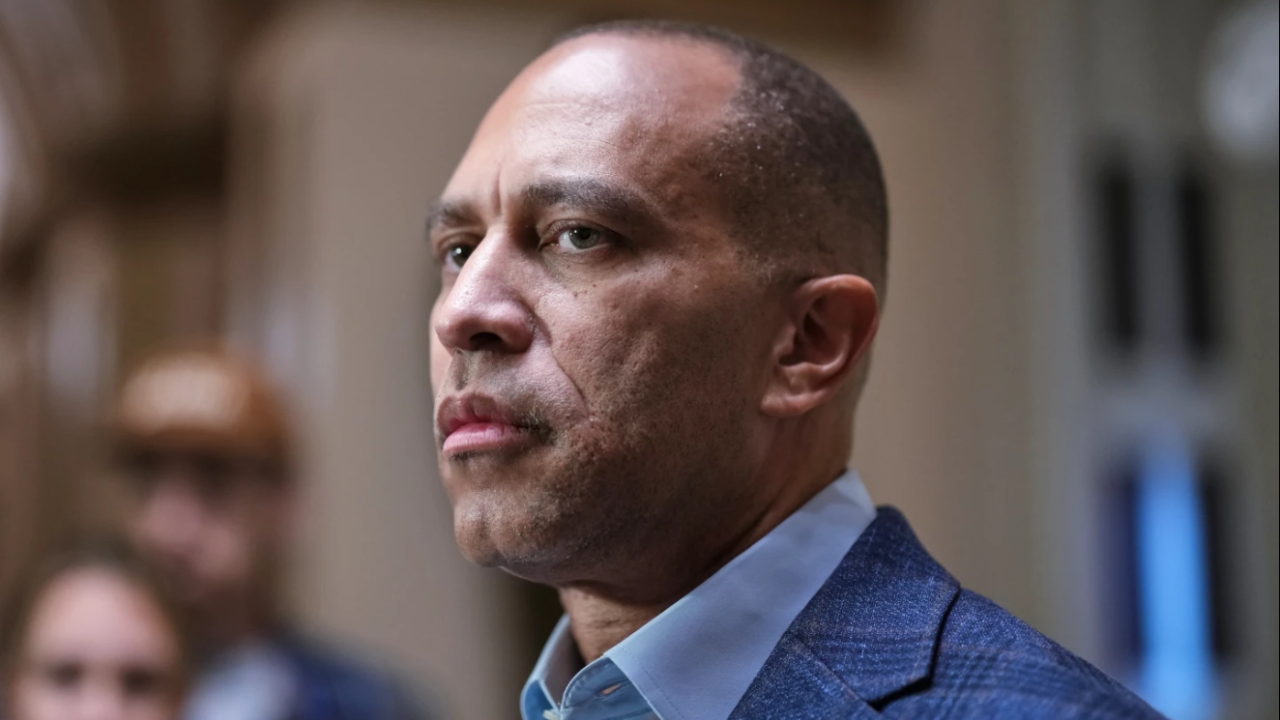 House Minority Leader Hakeem Jeffries, D-N.Y., speaks to reporters as a government shutdown begins its tenth day in Washington, Friday, Oct. 10, 2025.