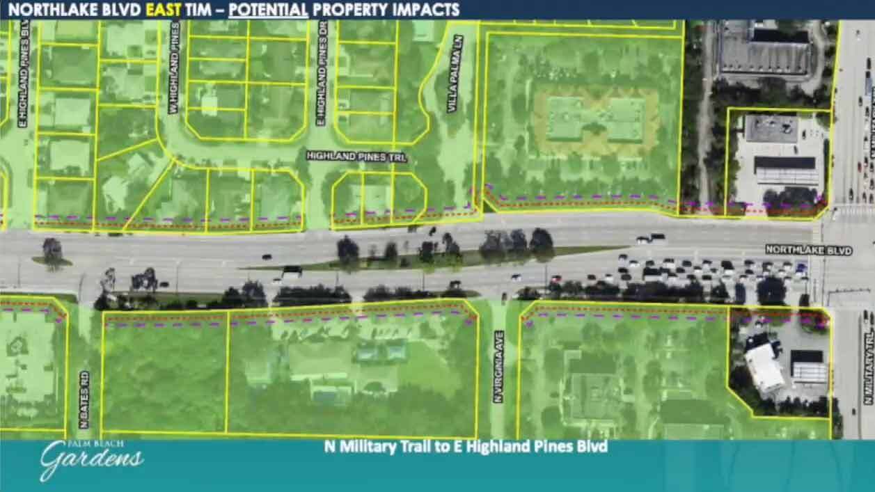 There is a proposal to expand Northlake Boulevard west of Miltary Boulevard in Palm Beach Gardens, impacting residential properties.