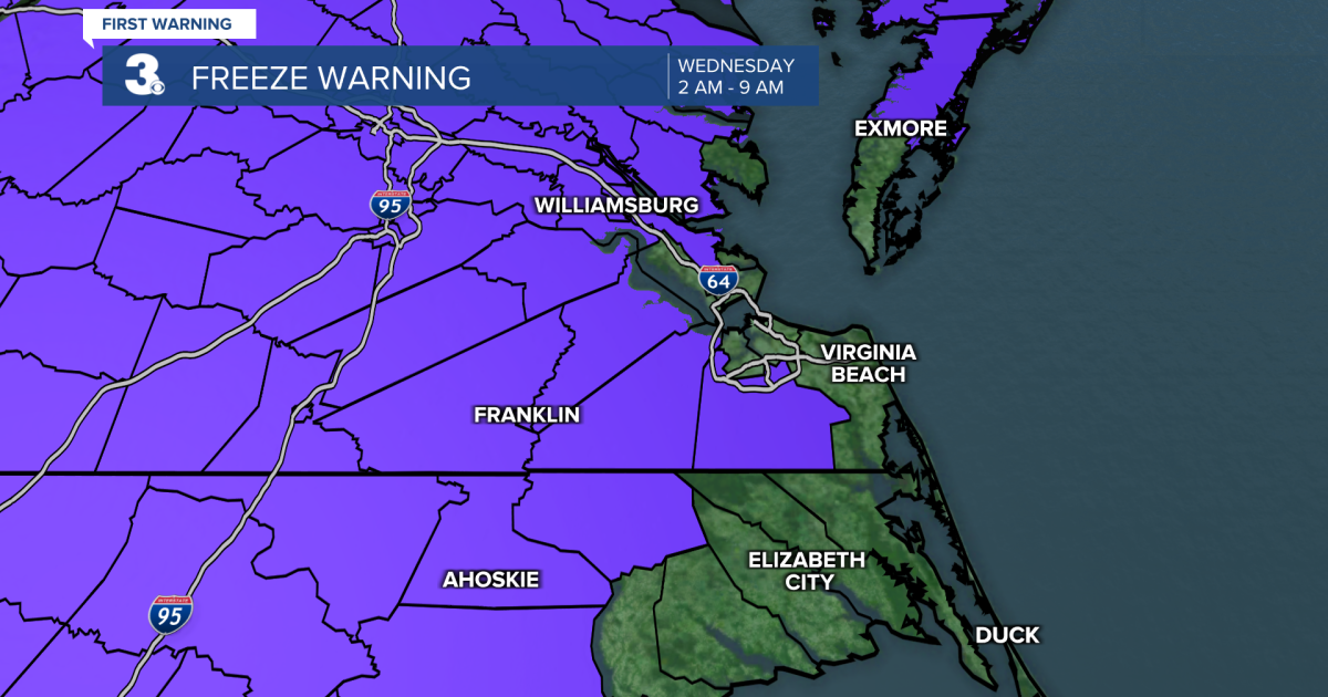 Freeze Warnings run from 2 AM to 9 AM Wednesday.