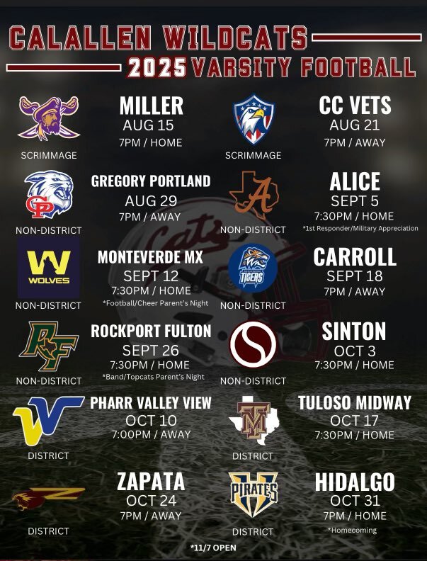 Calallen 2025 football schedule