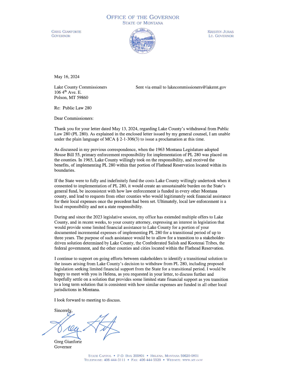 Governor Letter to Lake County Commissioners
